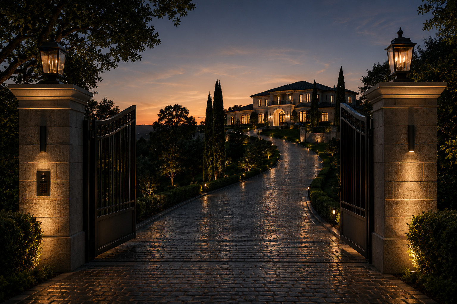SVRaiGN Estate — private gate at dusk